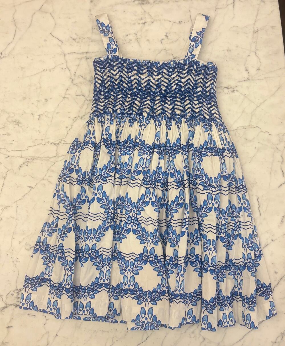 Oscar De la Renta Girls Rouched Pleated Party Dress White and Blue Print 8